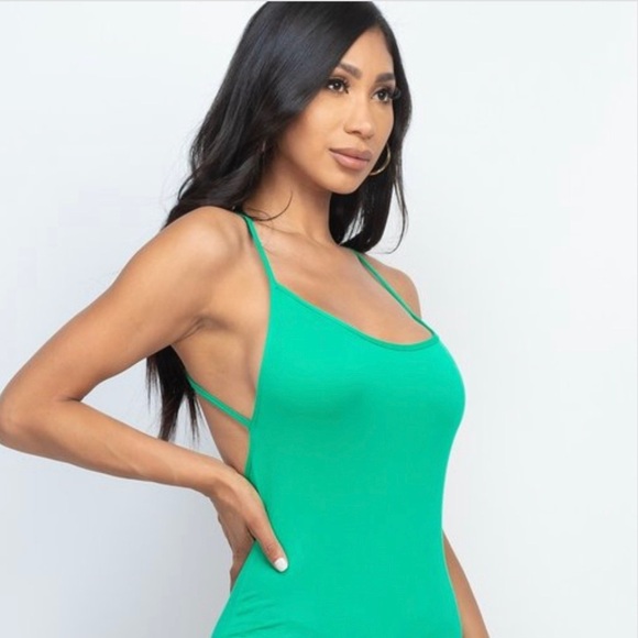 New Trendy Women’s Kelly Green Spaghetti Strap Cross Back Bodycon Romper - Picture 6 of 7
